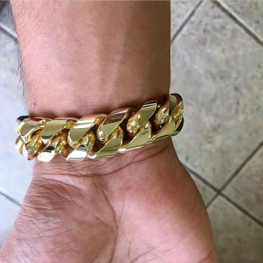 14MM 8.5in 316L Stainless Steel 14K Gold Plated Solid Cuban Bracelet For Men