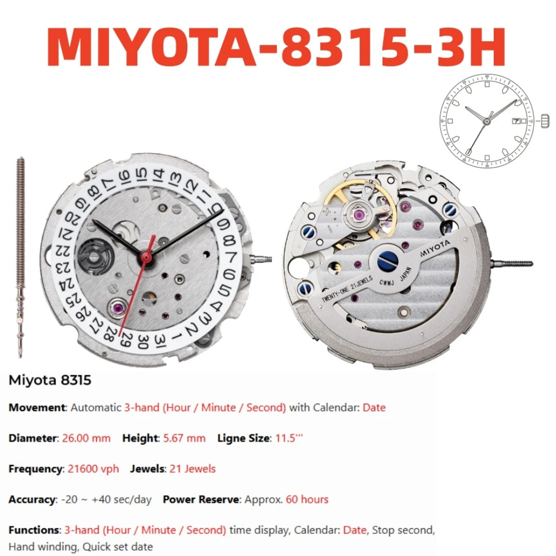 Genuine Miyota 8315 Automatic Movement 60H Power Reserve 21J Date at 3H Japan