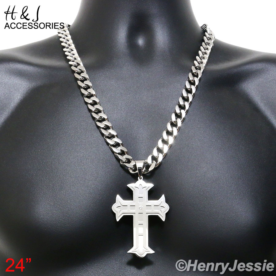 24″30″36″Stainless Steel 11mm Silver Cuban Curb Necklace CZ Cross Pendant*P5