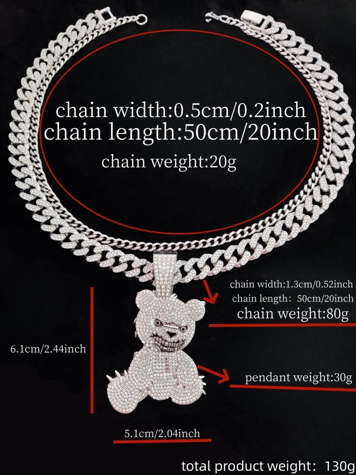 Iced Out Evil Bear Hip Hop Pendant Necklace Cuban Link Chain Bling Silver Gold