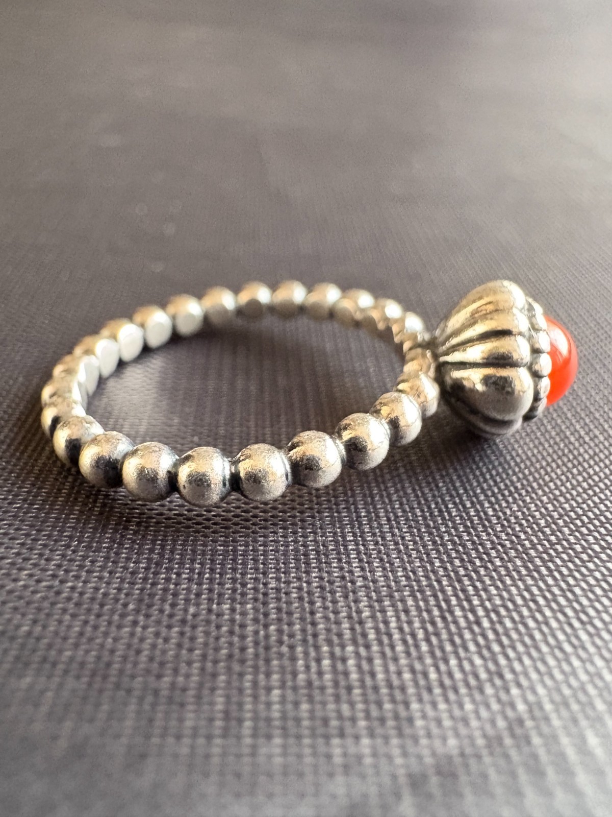 925 Sterling Silver Beaded Band Orange Carnelian Ring Size 5.5 US