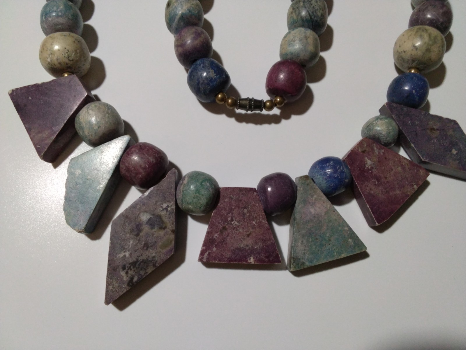 Artisan Multi Gemstone Statement Necklace 19” Chunky Geometric Tabs Lapis Agate