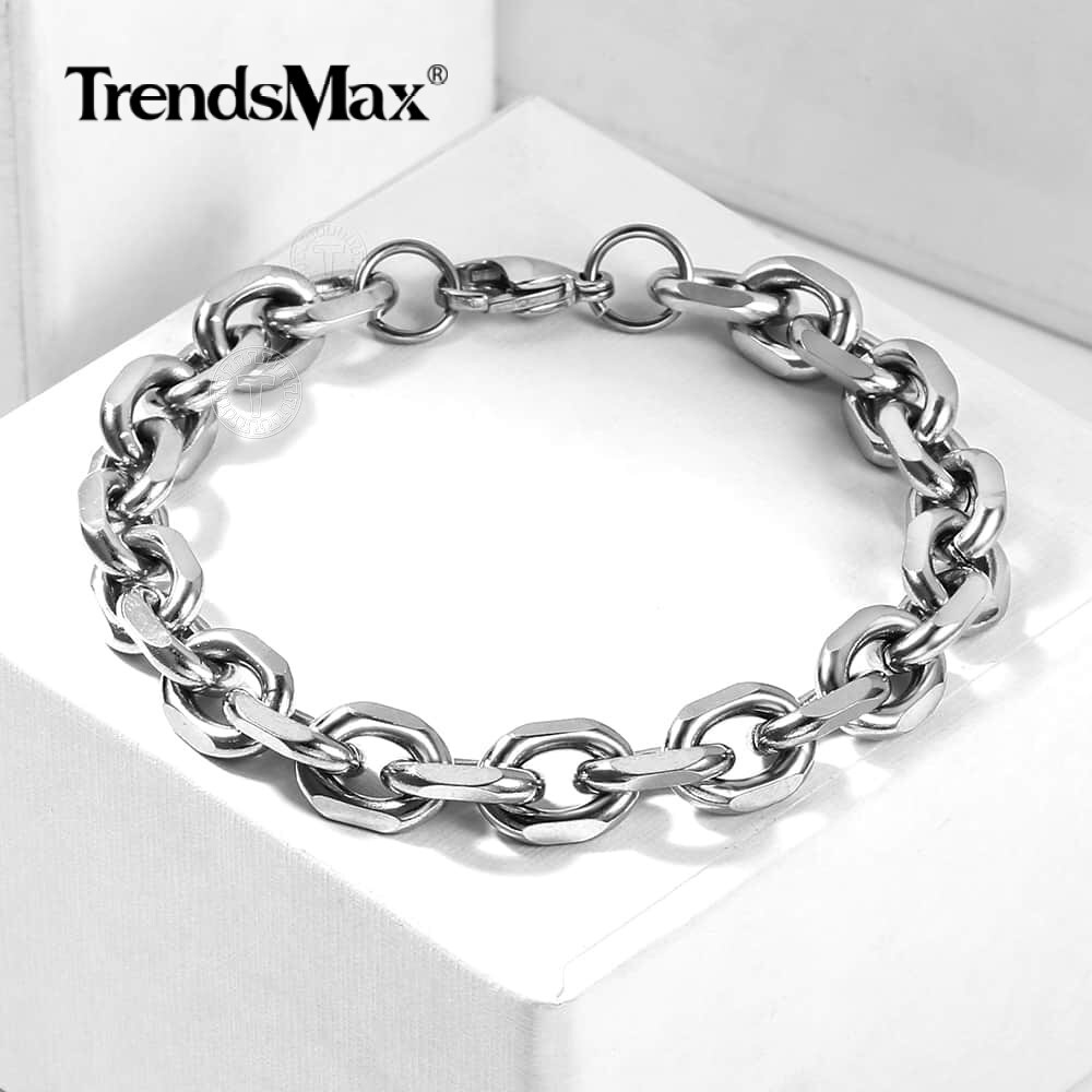 10mm Oval Round Cable Link Bracelet Mens Silver Tone Stainless Steel Chain Gift