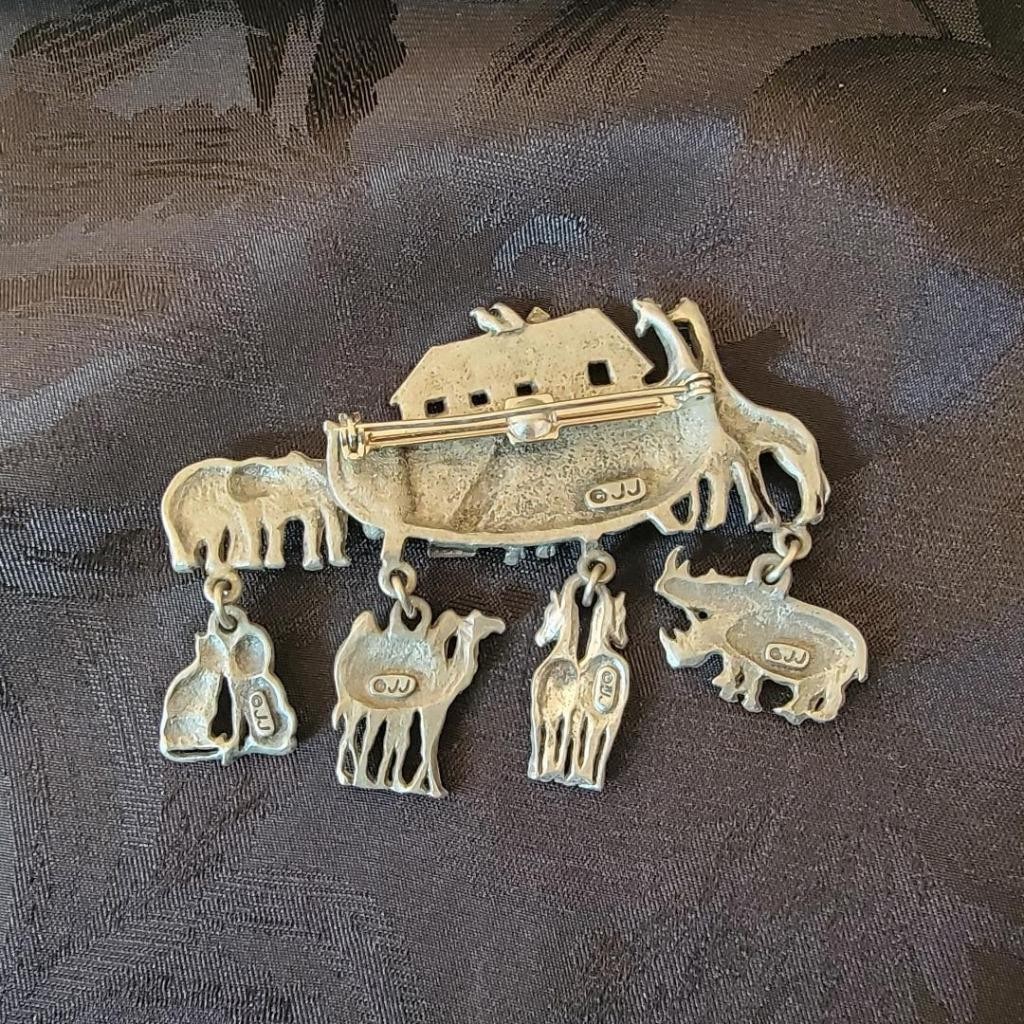 Vintage Signed JJ Jonette Pewter Noahs Ark w/ Animals Brooch Pin