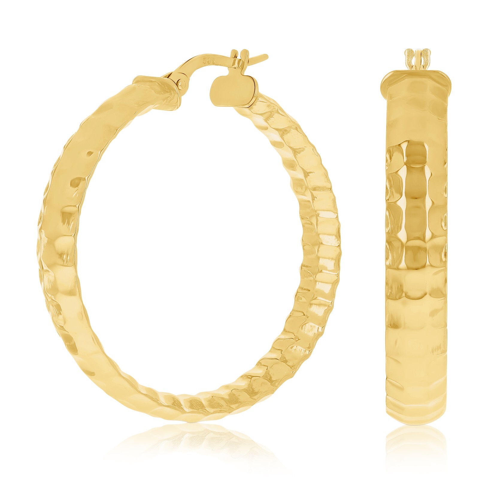 Italian 14k Yellow Gold Hollow Polished Faceted Hoop Earrings 1.3″ 5.3mm 3.4gram