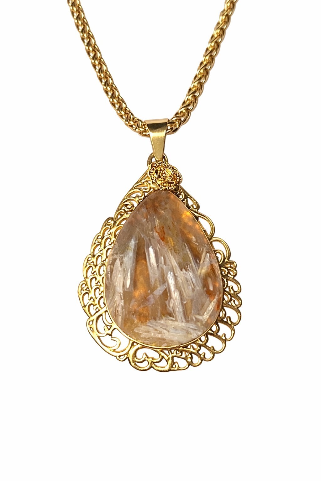Beautiful Stick Agate Tear Drop Cabchon Necklace Gold Plated 23