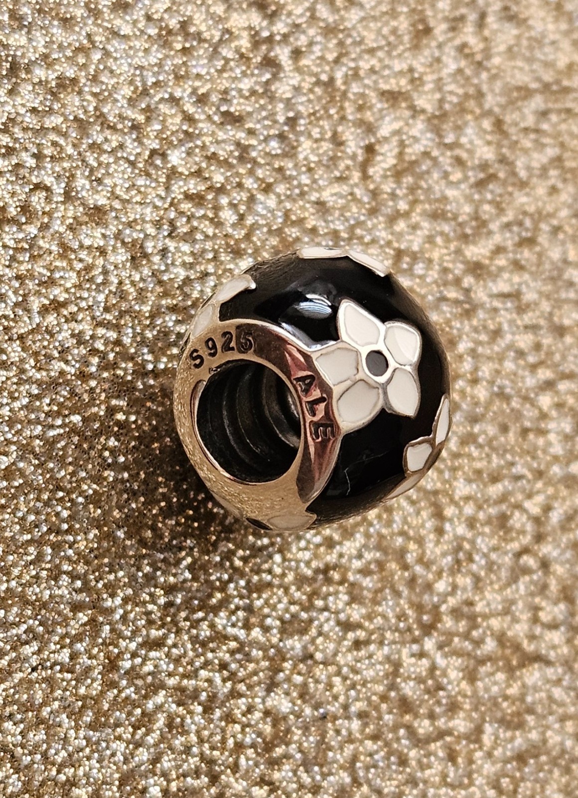 Authentic Pandora Silver Mystic Flower Black and White Enamel Charm