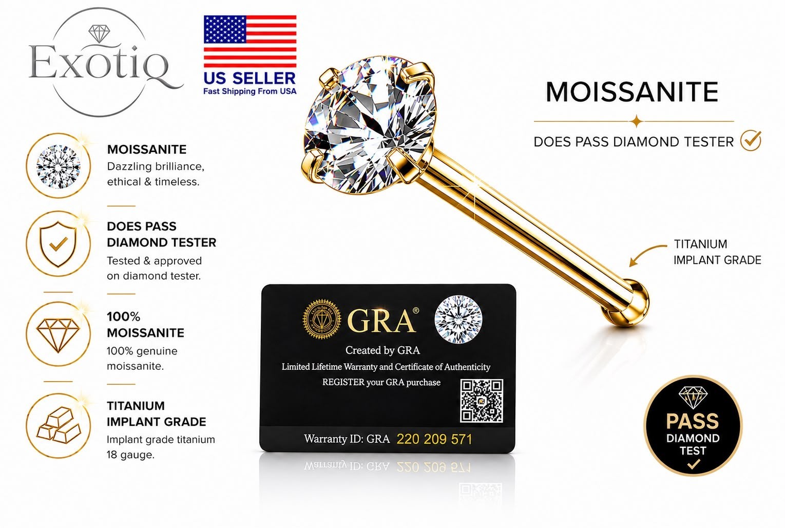 Moissanite Stone Titanium Nose Stud Piercing 18 Gauge L Shape Bol Gold pvd