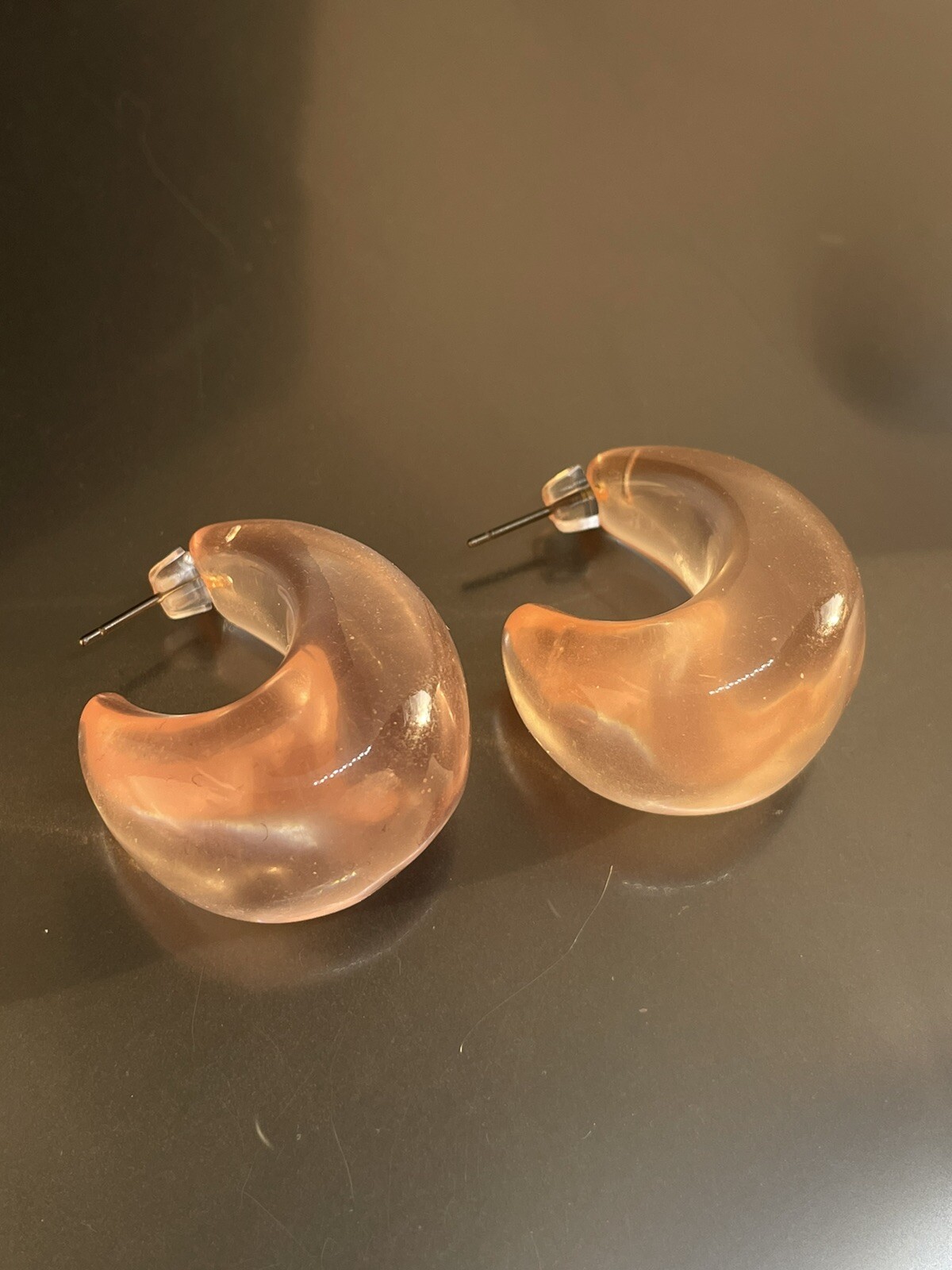 Vintage Very Light Pink Clear Lucite Post Wide Open Hoop Drop 1.25” Earrings