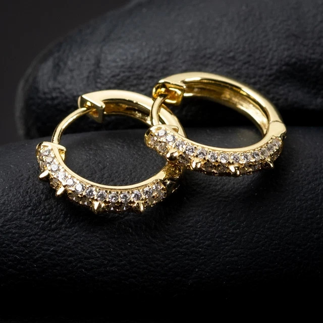 Spiked Mens Hoop Earrings 14K Yellow Gold Plated Round Cut Lab Created Diamond