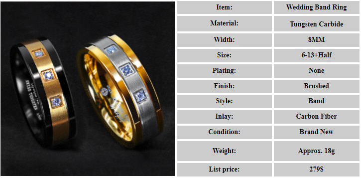 8mm Black/Gold Tungsten Ring Brushed Cubic Zirconia ATOP Men’s Wedding Band