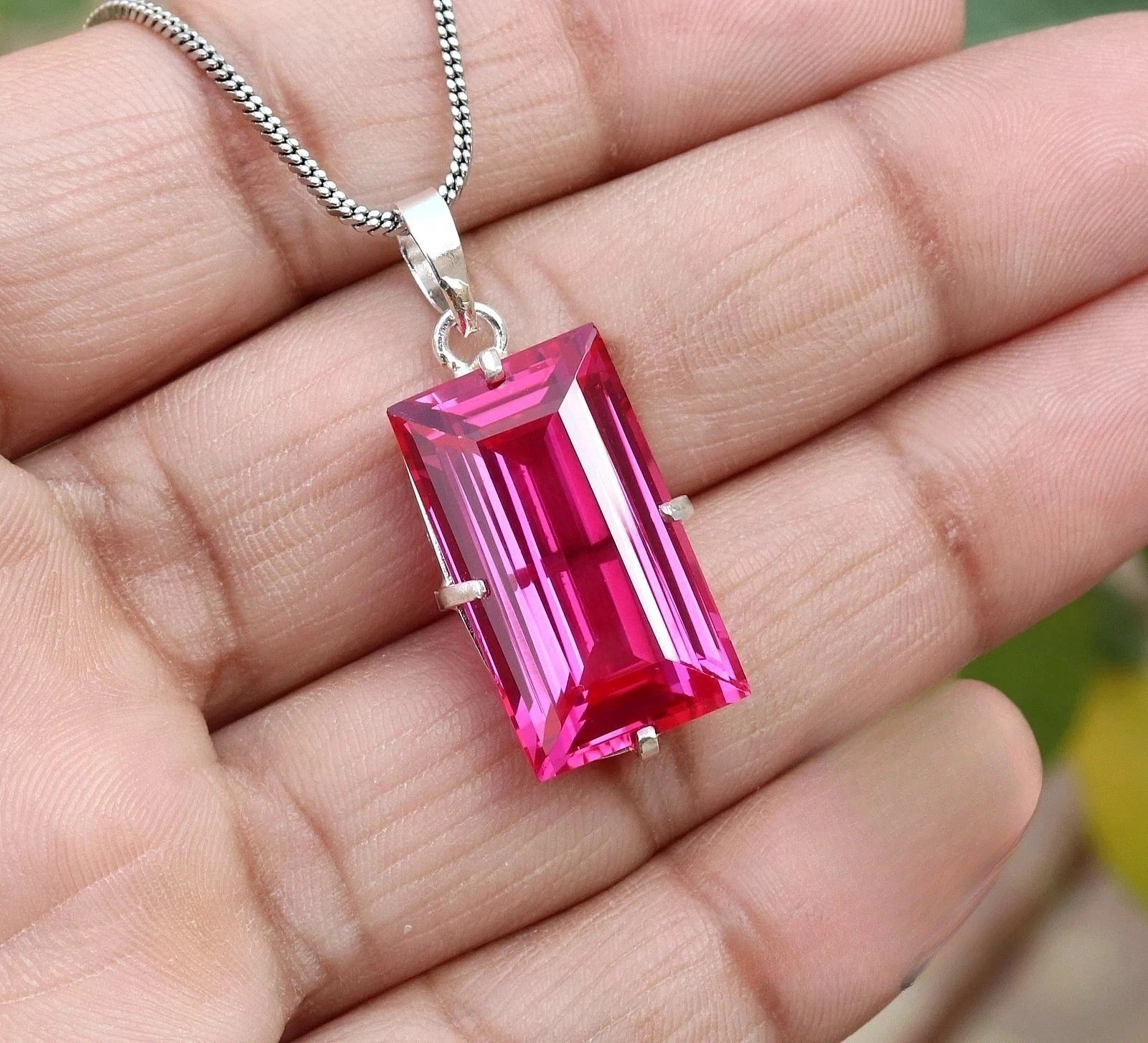 21.53 Ct Natural Pink Sapphire Baguette Cut 925 Solid Silver Pendant Gemstone