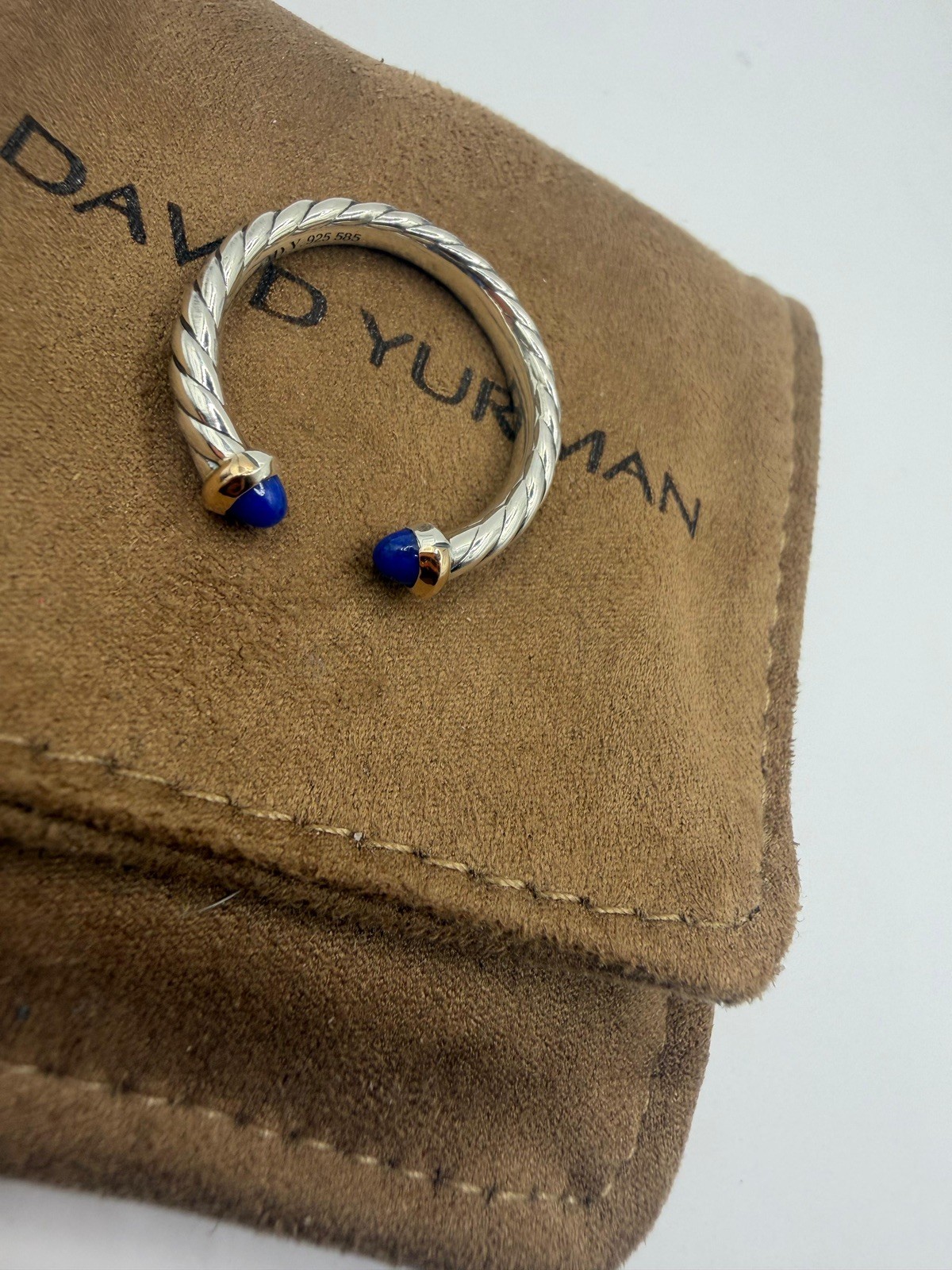 David Yurman Sterling Silver Petite Cable Open Ring W/ 14k Gold & Lapis Size 7