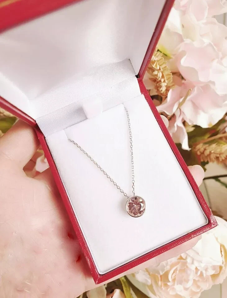 2 CT Solitaire Pink Sapphire Bezel Set Pendant With Free Chain 14K White Finish