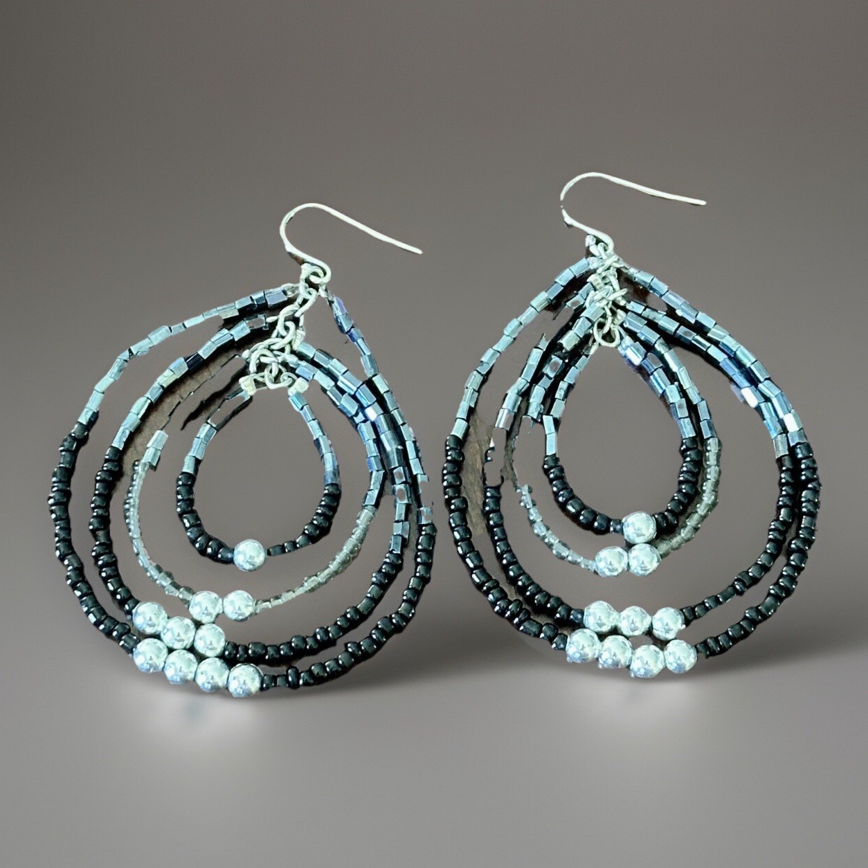 Beaded Earrings Black & Silver, Used In TV Production *See description 2”