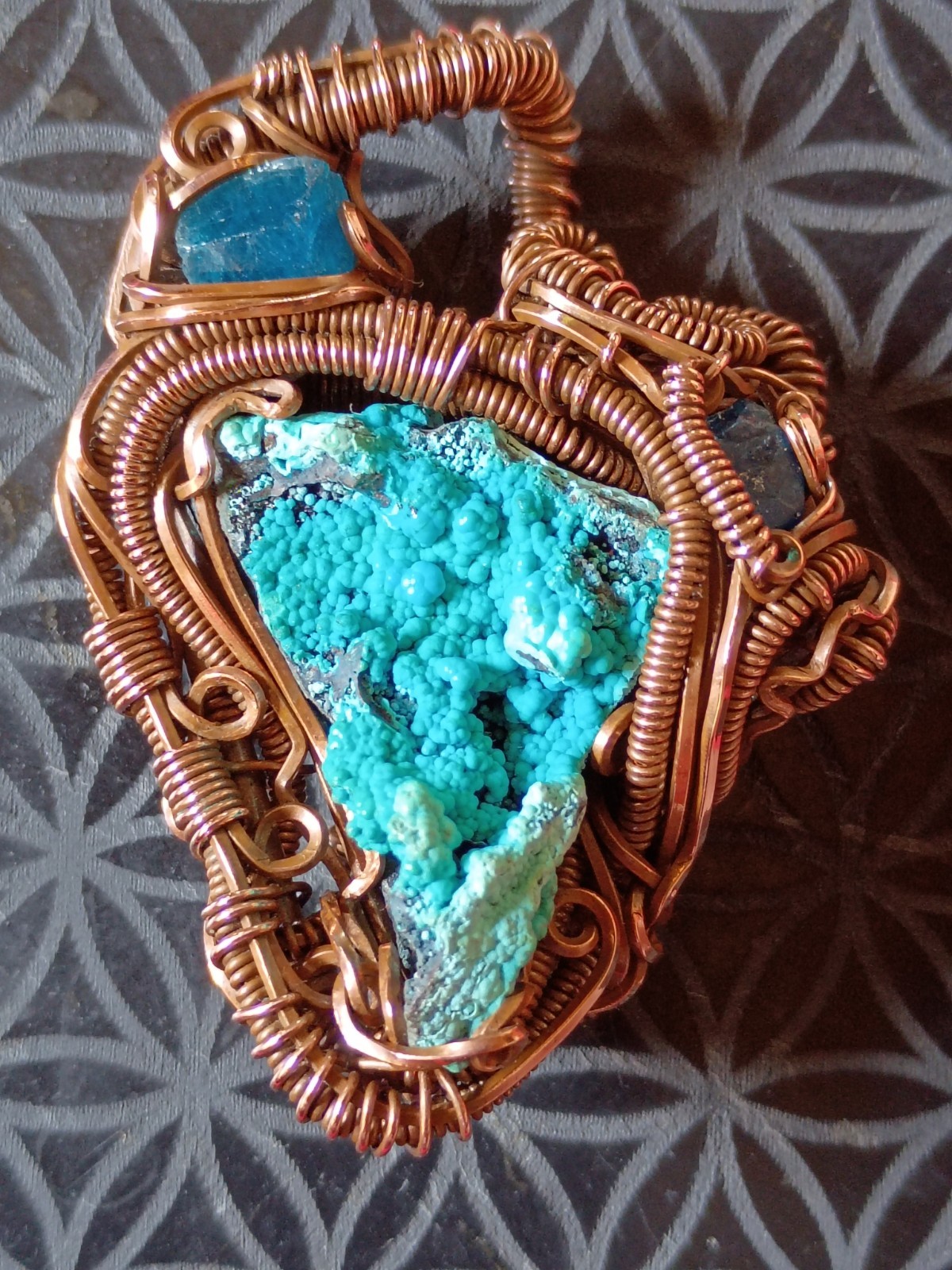 Handcrafted Wire Wrapped Natural Chrysocolla Apatite Copper Amulet Pendant