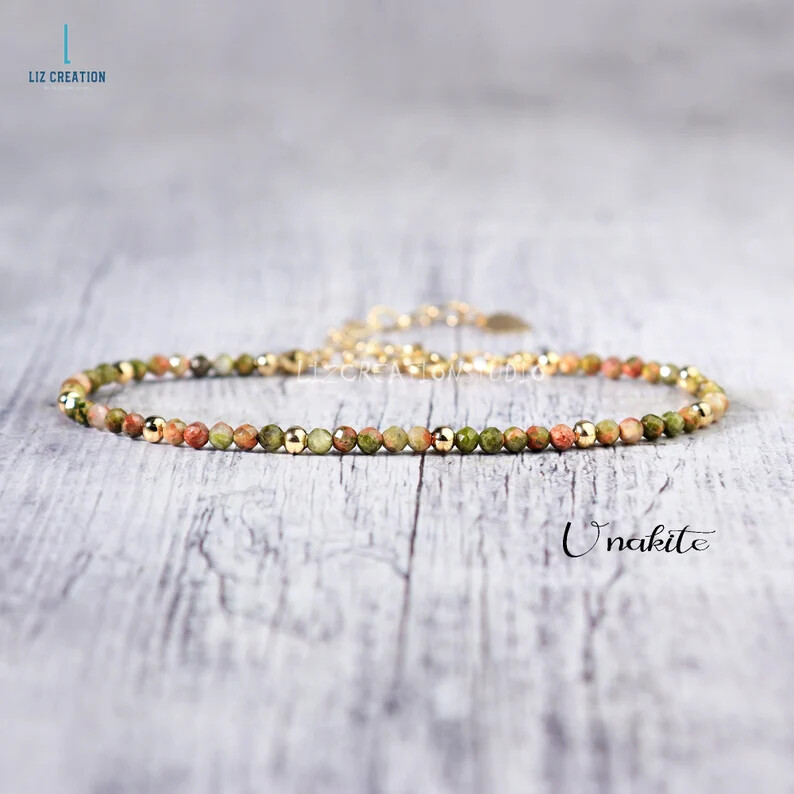 Dainty Unakite Gemstone Bracelet, Minimalist Unakite Bracelet, Natural Stone
