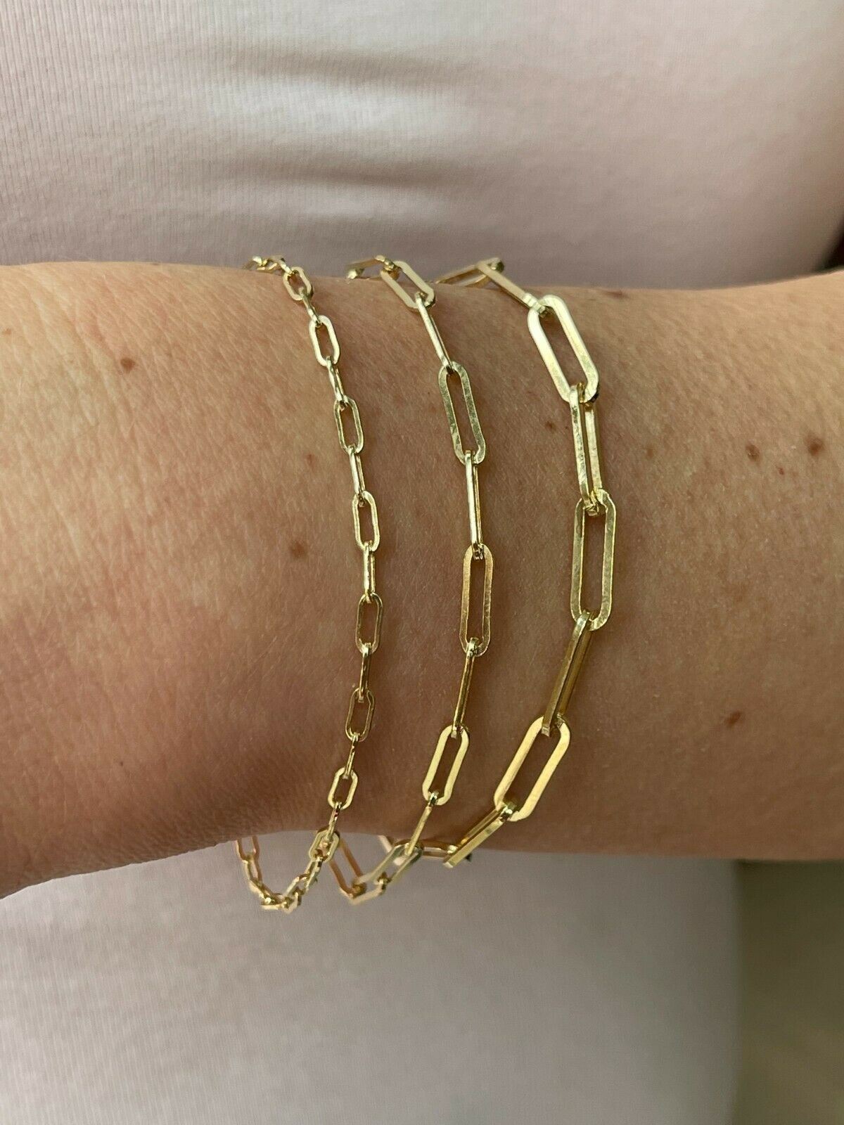 14k Gold Plated Solid 925 Sterling Silver Paperclip Bracelet 2.5mm-4mm ITALY