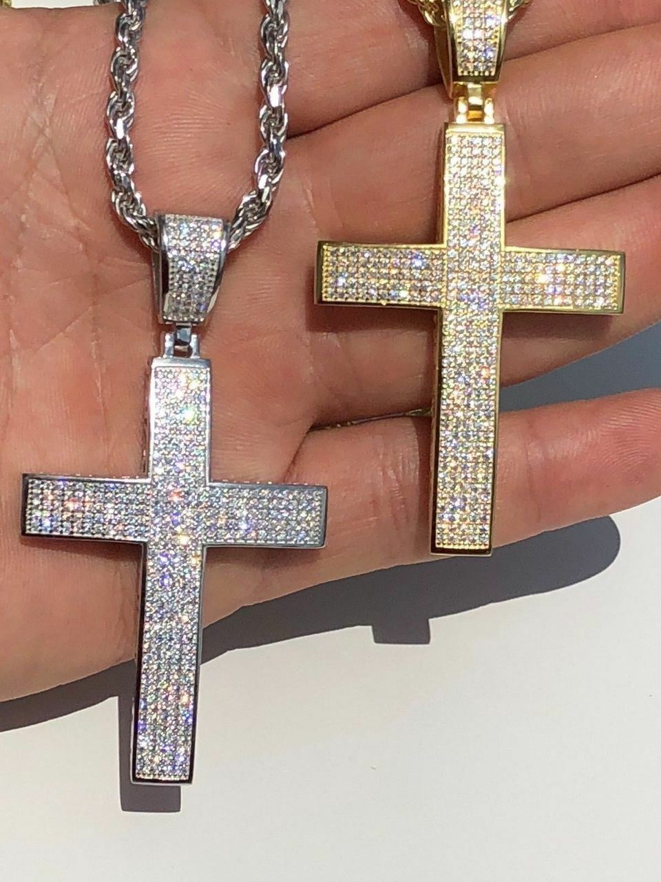 Mens Solid 925 Silver Cross Pendant Real ICED 3ct CZ 14k Gold Plated Rope Chain