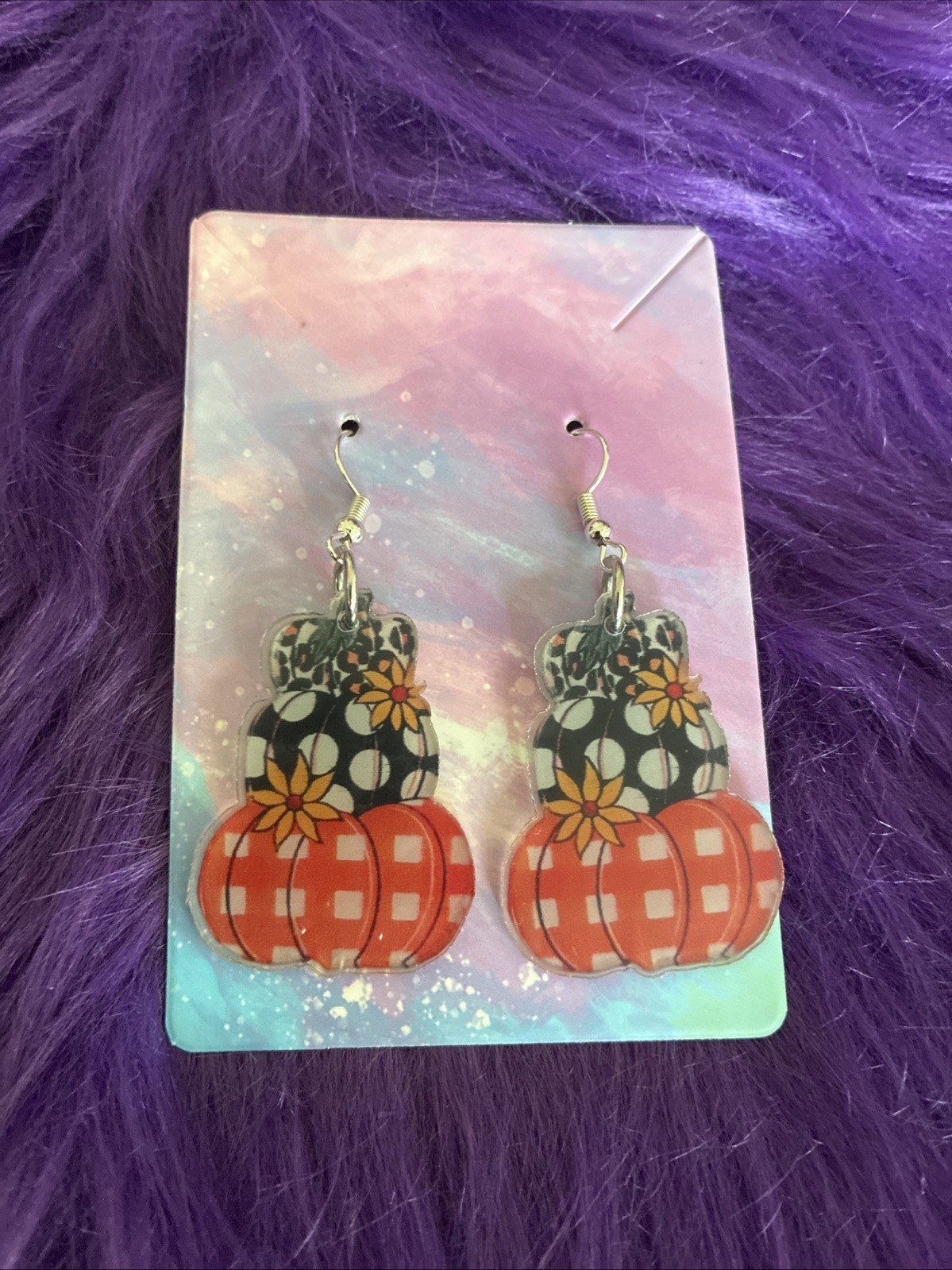 Autumn Acrylic Pumpkin Shaped Drop Style Earrings. Perfect For Halloween, Fall