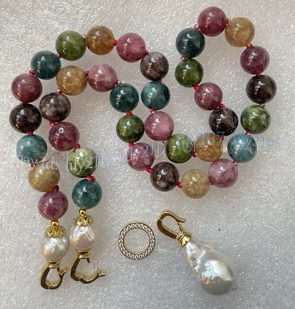 Multicolor Tourmaline Round Gemstone White Keshi Baroque Pearl Pendant Necklace