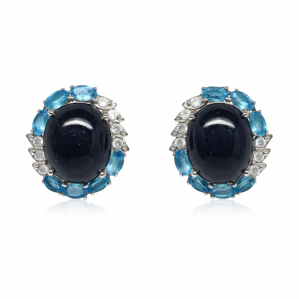 Thai Handmade 12 x 15 mm. Blue Sapphire Topaz Zircon Earrings