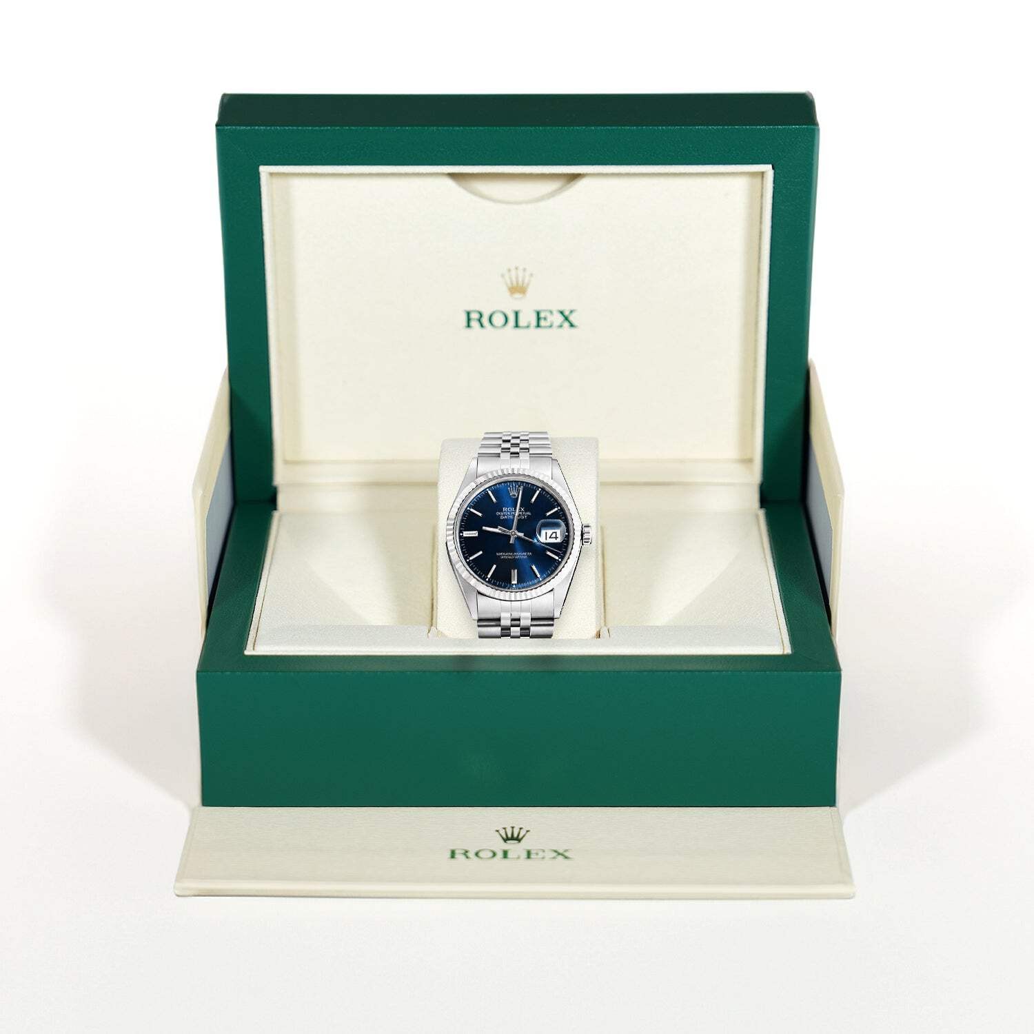 36mm Rolex Datejust 1601 18K White Gold Bezel Dark Blue Dial Jubilee Men’s Watch