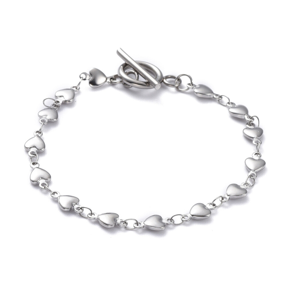 Stainless Steel Heart Chain Bracelet Steel Toggle Silver 7.5″ Z163