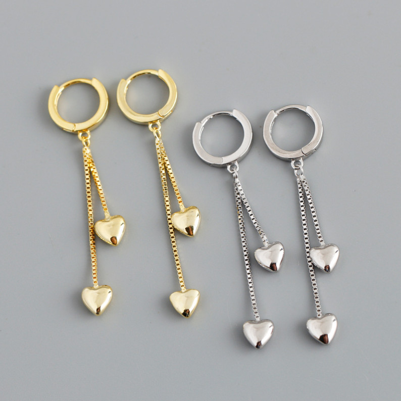 Women Sterling Silver Plated Tassel Chain Heart Huggie Hoop Dangle Earrings PE54