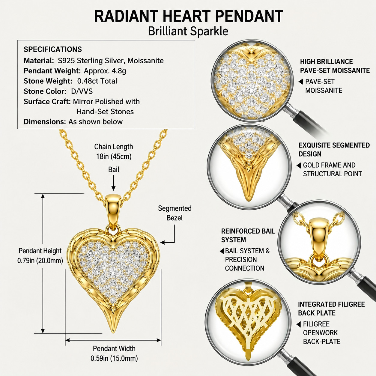 925 Sterling Silver Moissanite Double Heart Pave Pendant Necklace for Women