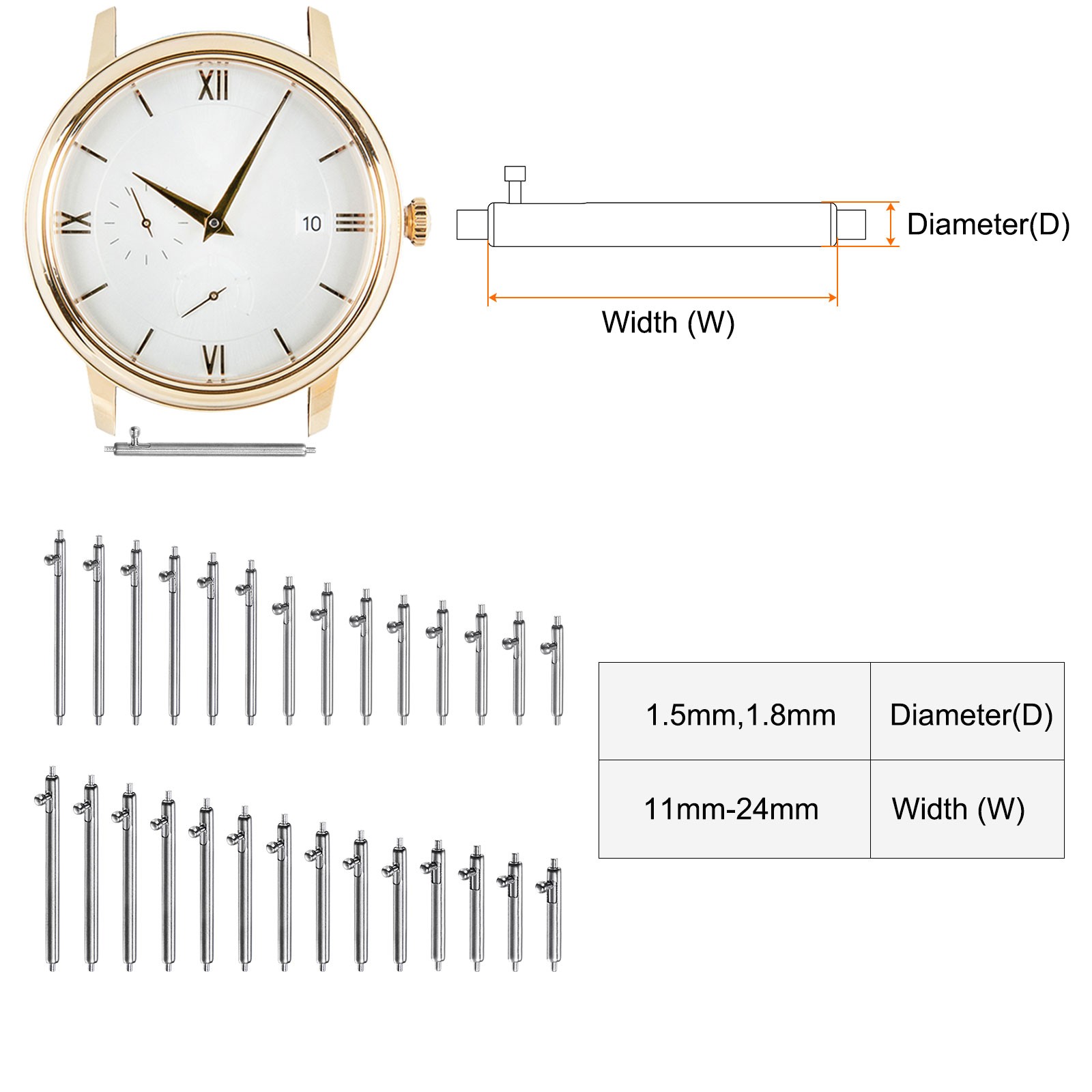 Quick Release Spring Bar 12mm Width 1.5mm 1.8mm Dia Stainless Steel Watch Pins