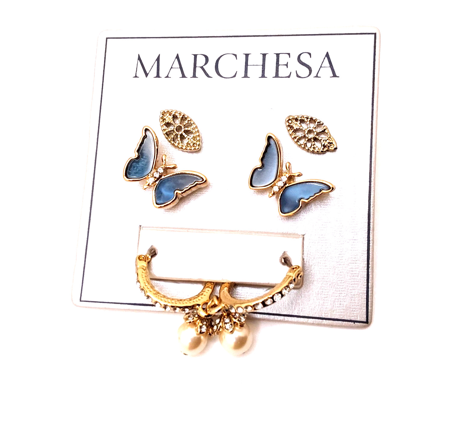 Marchesa Elegant Three Pairs Gold Tone Assorted Styles Stud/Dangle Earrings