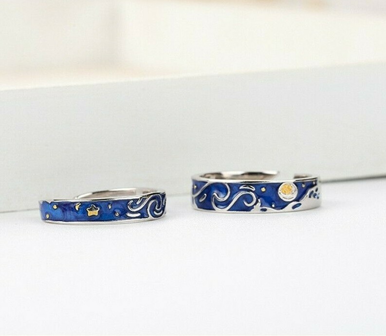 Van Gogh Starry Sky Ring Set 925 Sterling Silver Plated Couples Promise Rings