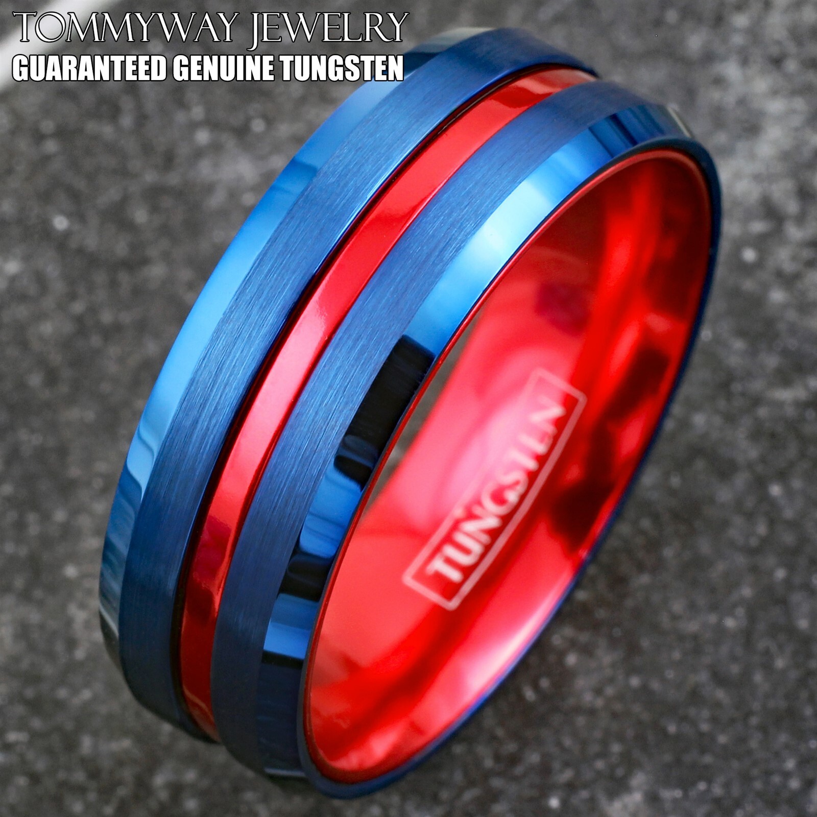 Blue Tungsten Carbide Men’s Thin Red Line Wedding Band Ring – Superhero Colors