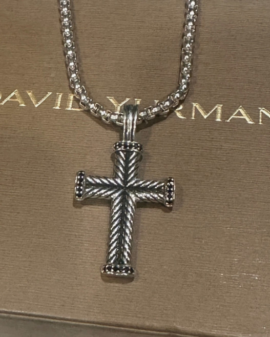 Silver 925 David Yurman Chevron Cross Necklace with Black Diamonds