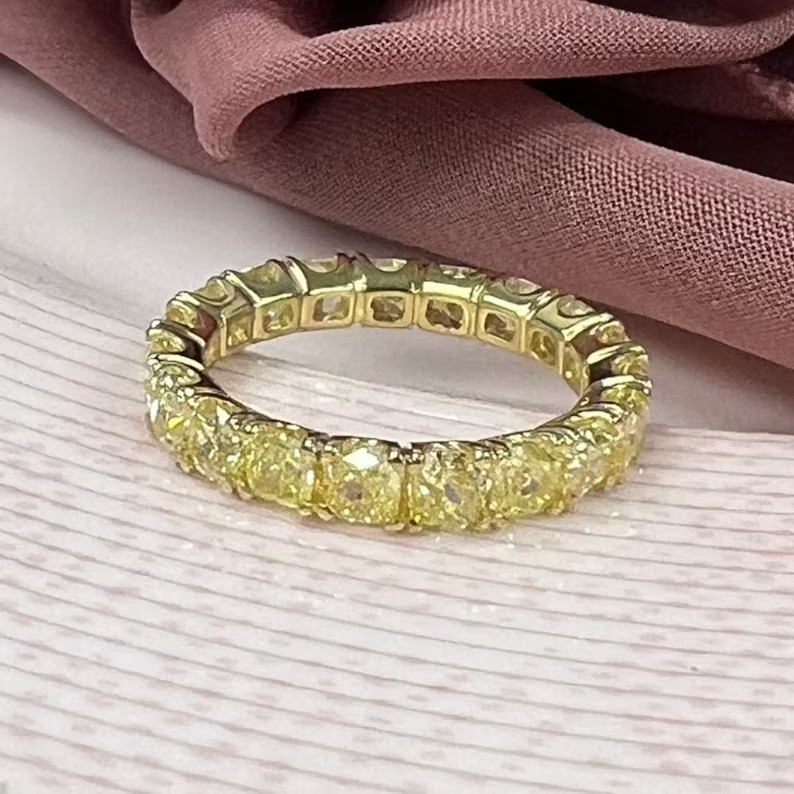 5Ct Cushion Cut Natural Yellow Sapphire gemstone 14K Yellow Gold Eternity Band