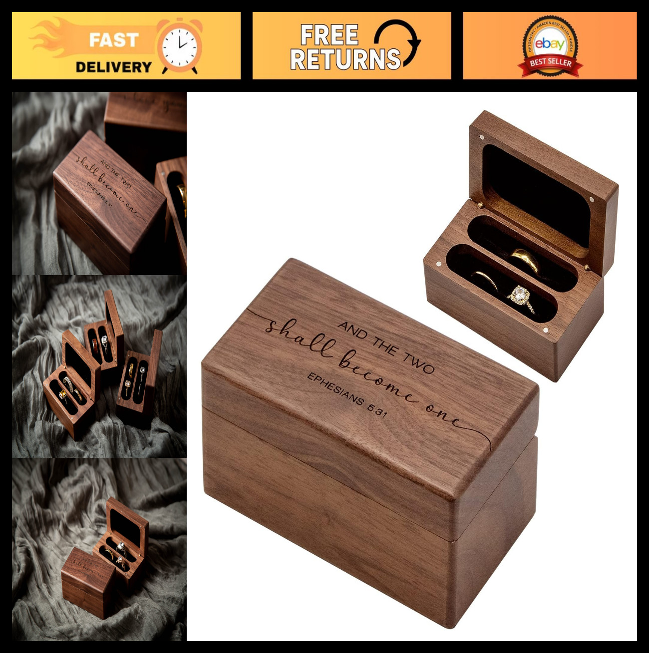 Engraved Wooden Quad Ring Box for Wedding, Anniversary, Birthday & Valentine’s G
