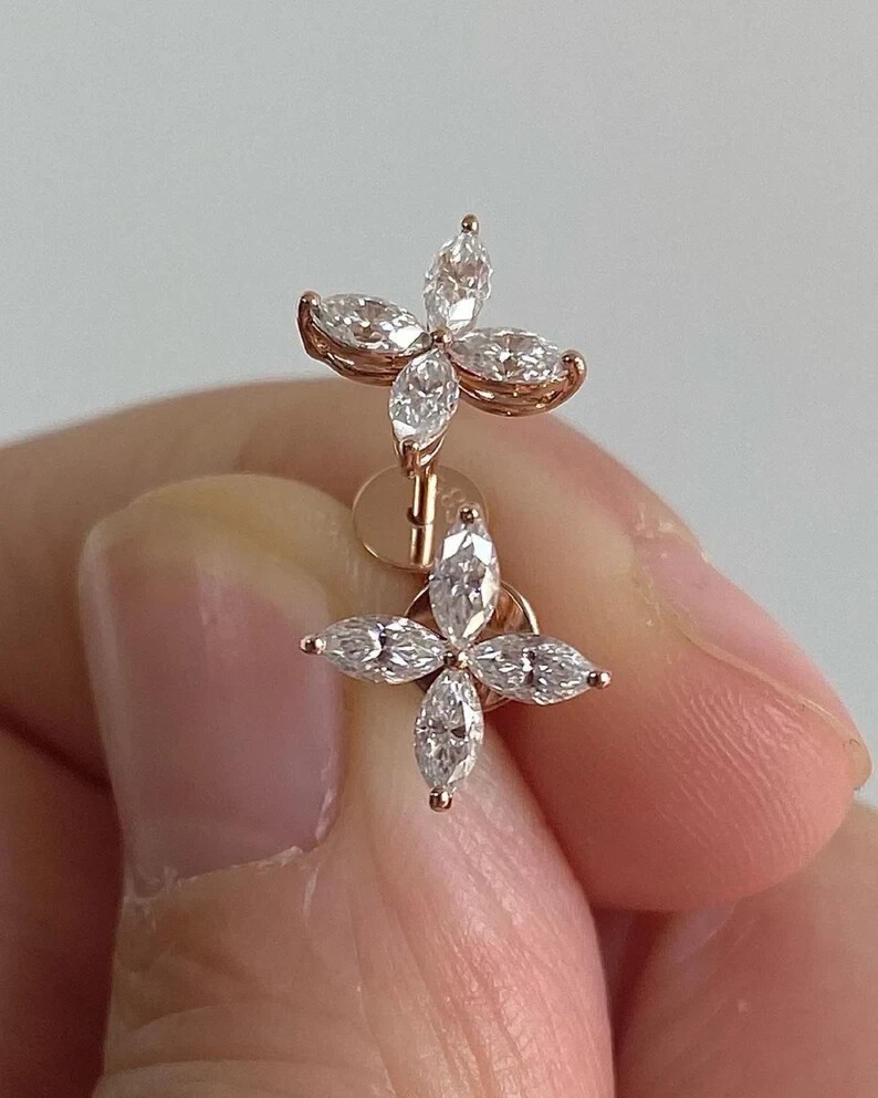 Flower Stud Earring 1.50Ct Marquise Cut Simulated Diamond 14k Rose Gold Plated