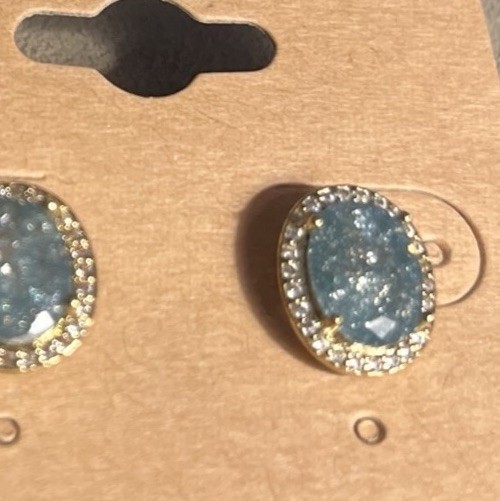 Blue Green Oval Stud Earrings with Clear Crystals Gold Tone Setting