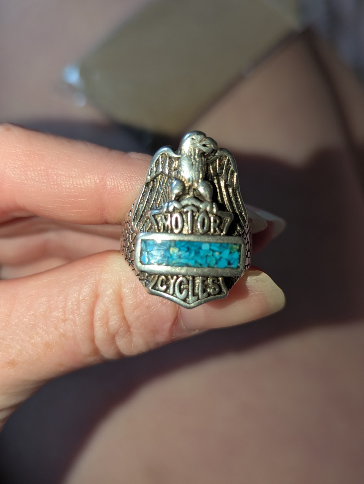 vintage 1985 G&S biker ring featuring a detailed eagle atop a shield Size 12