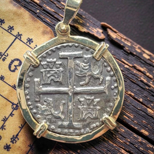 Atocha Silver Coin Pendant Solid 14k Gold Frame Shipwreck Certificate