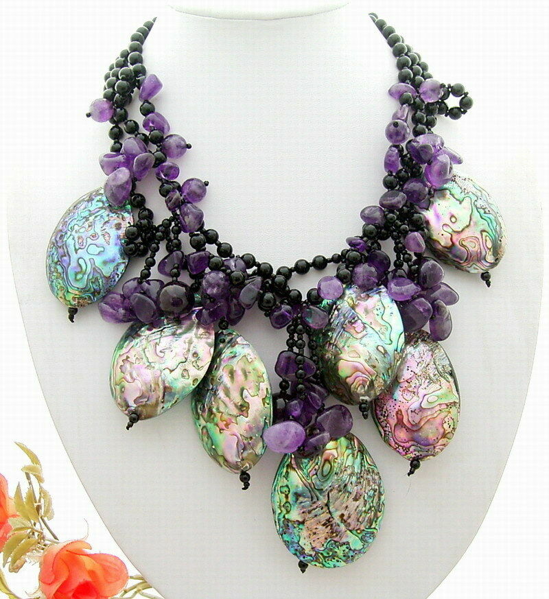 3 Strands Onyx Amethyst Multi Color Abalone Shell Festoon Necklace for women