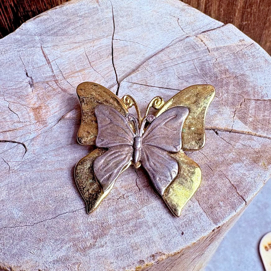 Vintage Premier Design Mixed Metals Butterfly Brooch Signed
