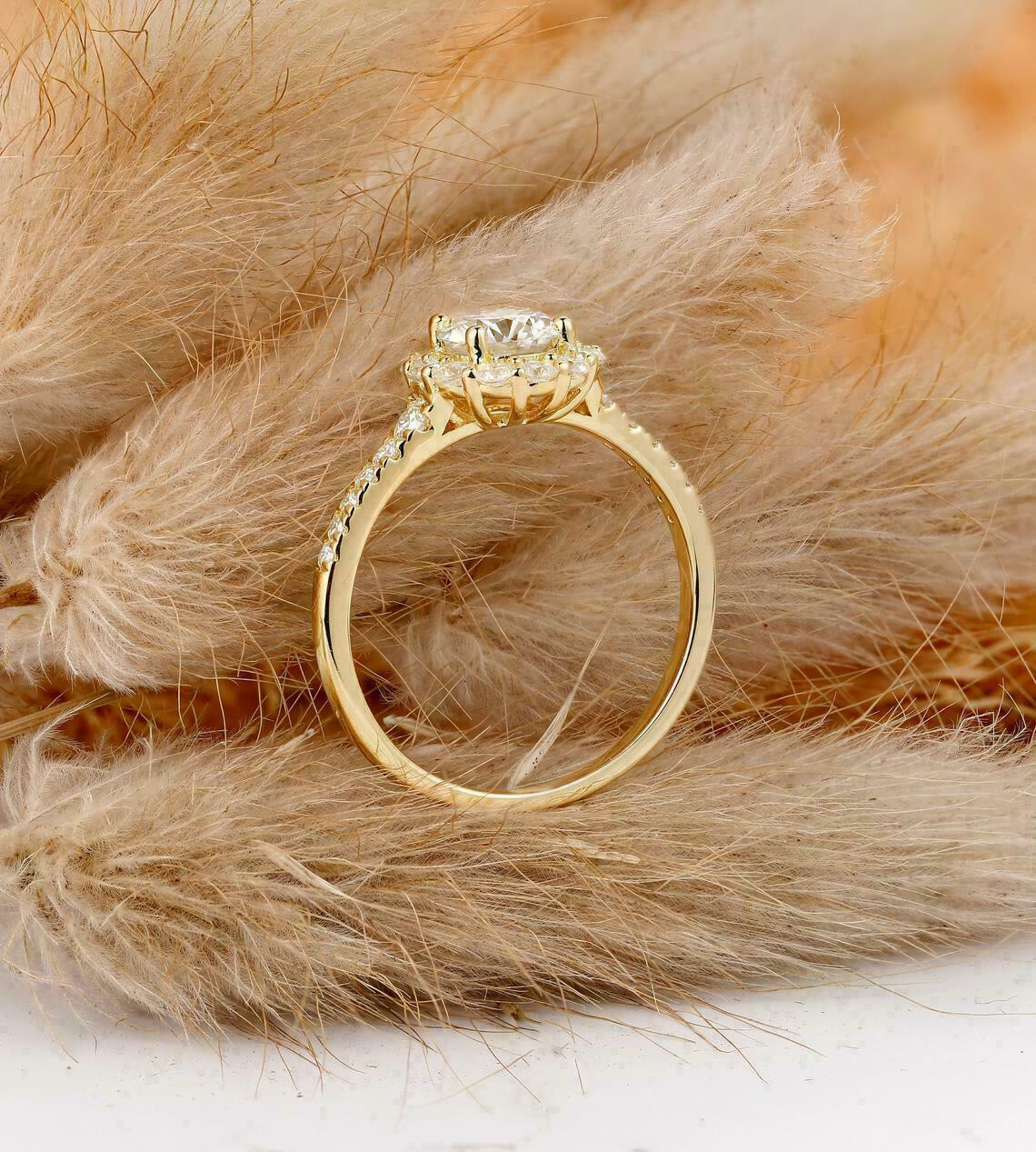 1.50Ct Lab Created Round Diamond Halo Engagement Ring 14K Yellow Gold Finish