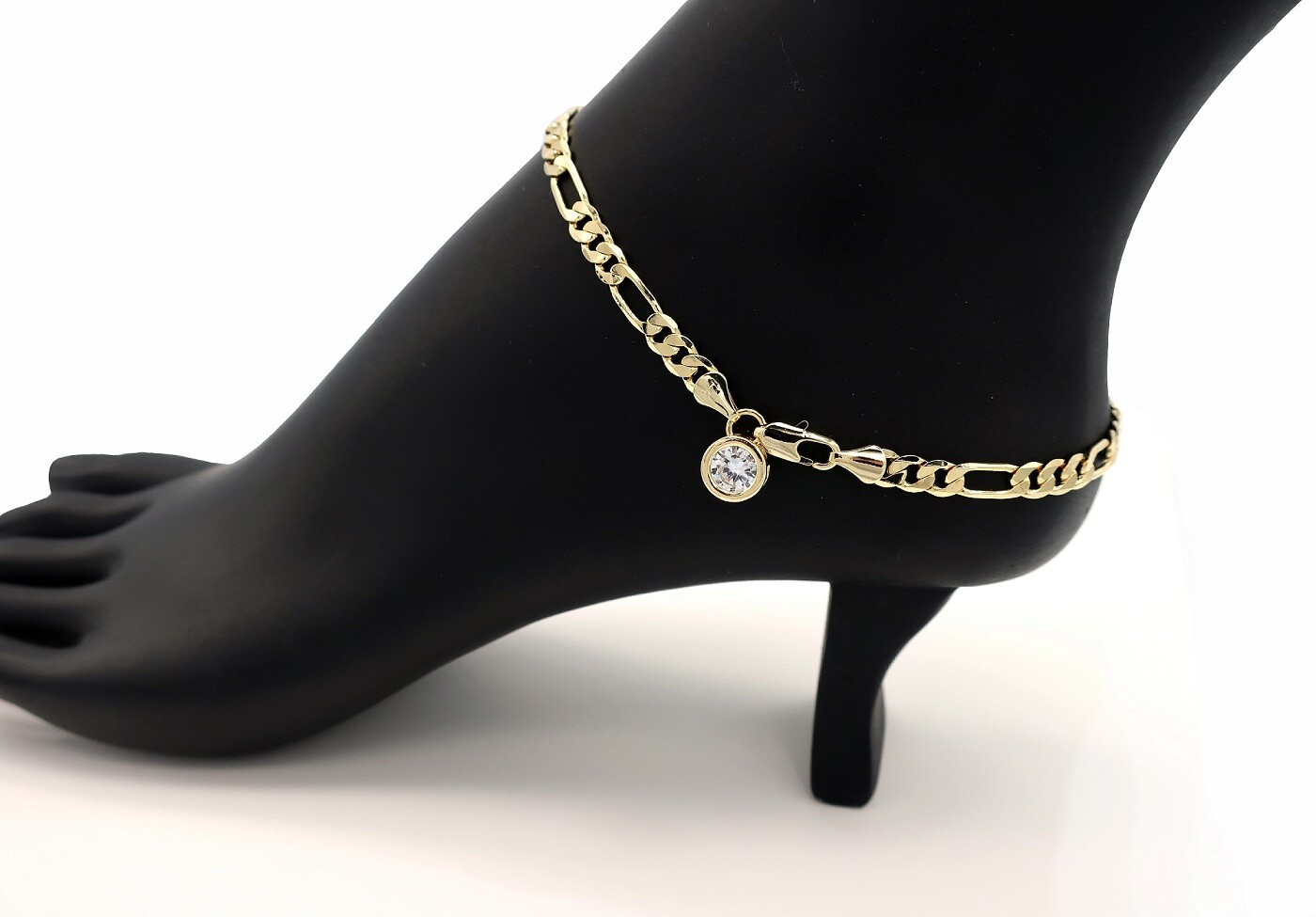 10″ ITALIAN FIGARO LINK CHAIN ANKLET CUBIC ZIRCONIA ANKLE BRACELET GOLD PLATED