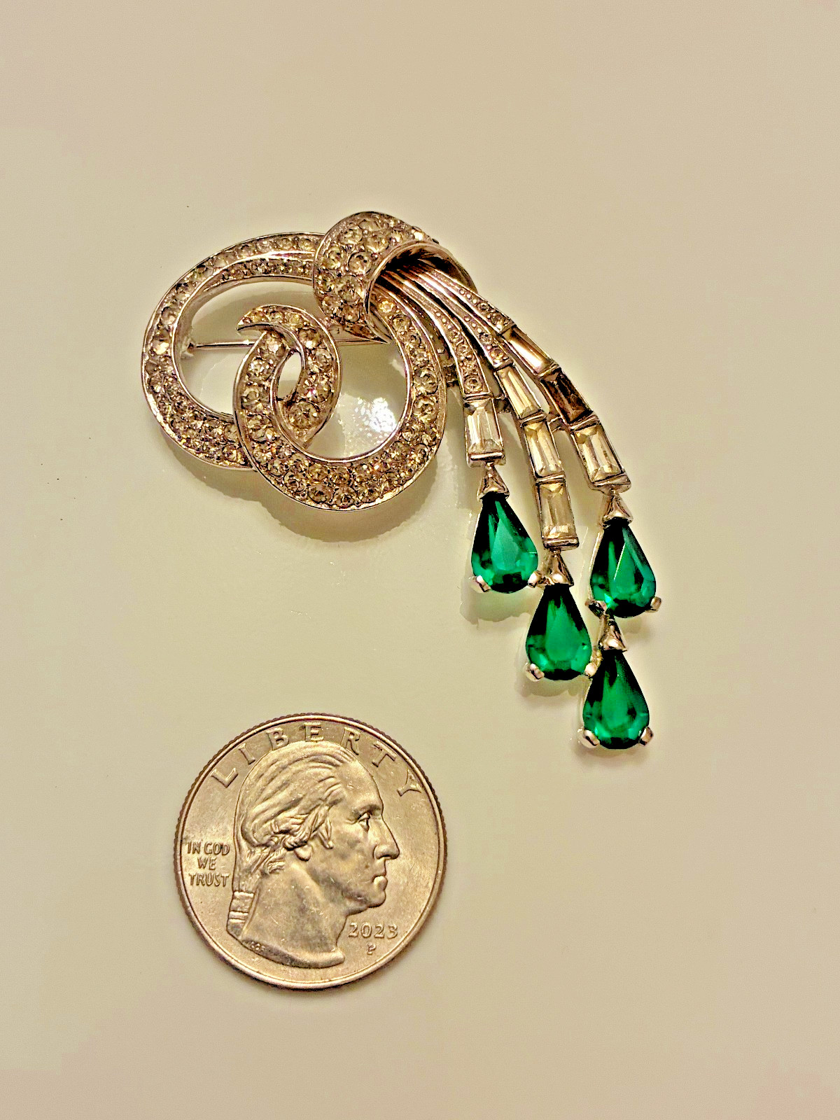 vintage Boucher clear and green rhinestone pin / brooch