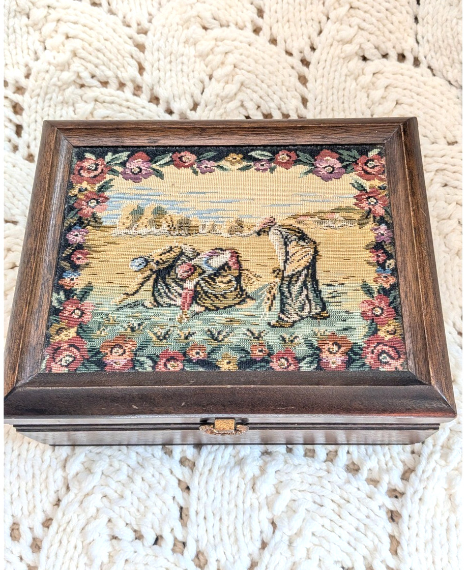 Vintage Japan Wooden Jewelry Box Petit Point Tapestry Lid Mirror Tray Pastoral