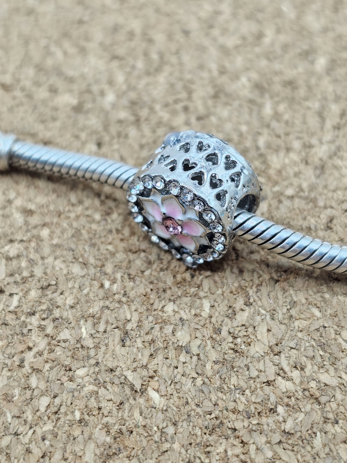 Authentic Pink Cz White Magnolia Flower European Charm Bead