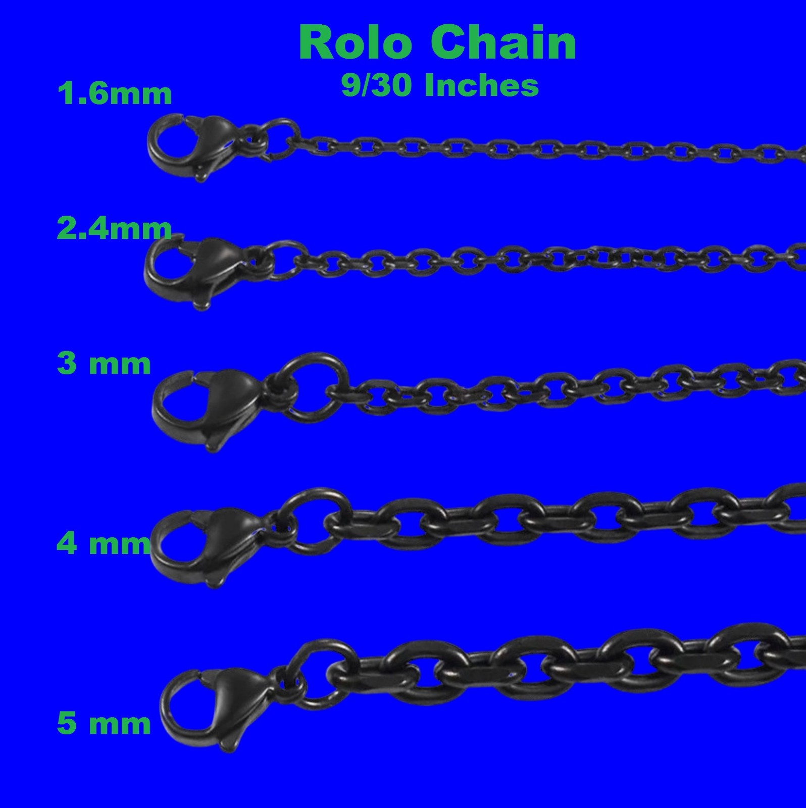 Chain Necklace Wheat stainless steel Black for men&women, 16/ 30 in, 3/4/5/6/7mm