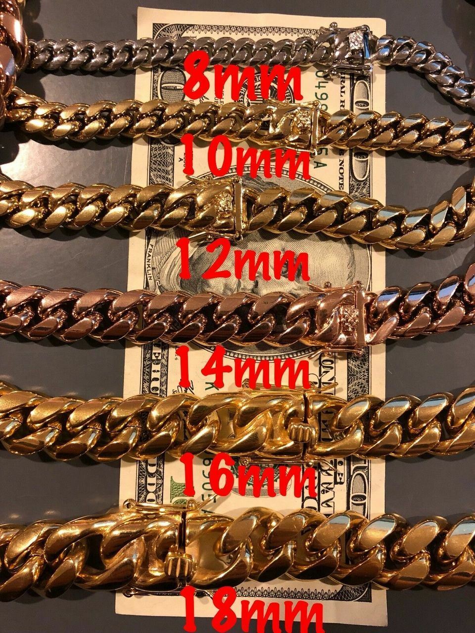 Miami Cuban Link Chain Rose Gold Plated Stainless Steel 8-18mm Yellow/Rose/White